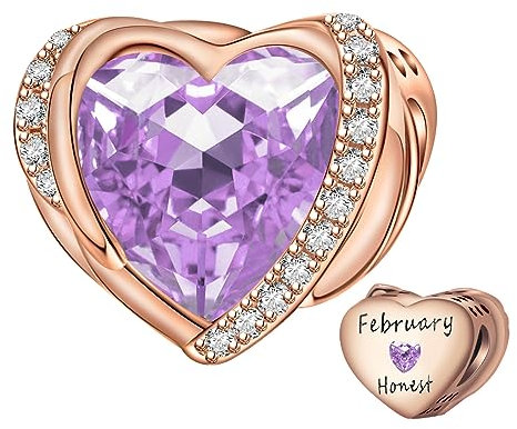 NINGAN Rosa De Oro Febrero Piedra De Nacimiento Dama Encanto Pulsera, Alas De áNgel 925 Colgante De Cuentas De Amor De Plata Esterlina Tallado AmbicióN, CumpleañOs De La NiñA