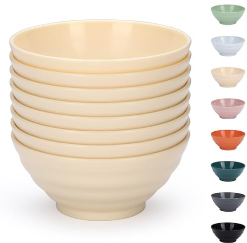 Evanda Lot de 8 bols en plastique incassables, 1100ml incassable réutilisable léger bol pour céréales, nouilles, soupe, pâtes, ramen, maïs soufflé, fruits, salade et tout usage (Fromage blanc)