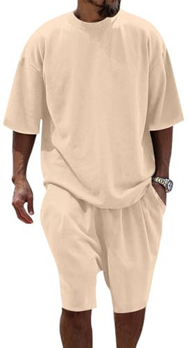 Fastkoala Herren Outfit Trainingsanzug Zweiteiler Set Sommer Rundhal Anzüge Oberteile & Kurze Jogginganzüge 2 Teiler Khaki L