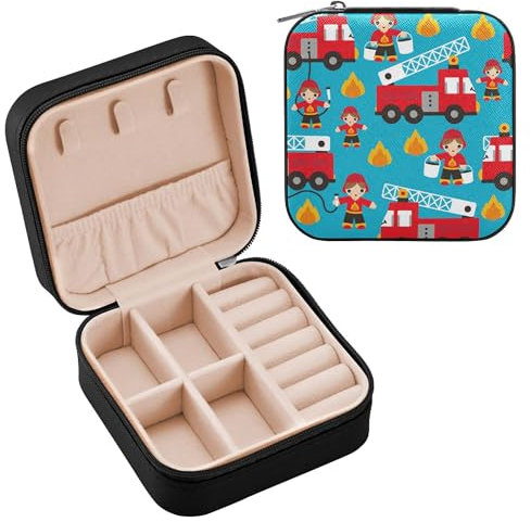Schmuckschatulle für Damen, PU-Leder, Reise-Schmuckkästchen für Ringe, Ohrringe, Halsketten, Uhren, Geschenke für Mädchen, Damen, Damen, nahtlos, Cartoon, Feuerwehr, Herren, LKW-Illustration