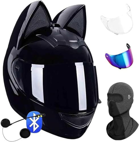 Bluetooth-Integral-Motorradhelme Mit Katzenohren, Hochklappbare Visiere Für Erwachsene, Motocross-Helm, Motorrad-Crash-Modularhelm, Leichtes Design, ECE-Zertifiziert C,S=50-53cm