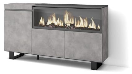 Skraut Home | Buffet Salon et Cuisine | Meuble de Rangement, Commode | 160 | 3 Portes | Cheminée électrique XXL | Design Industriel | Style Moderne | Ciment