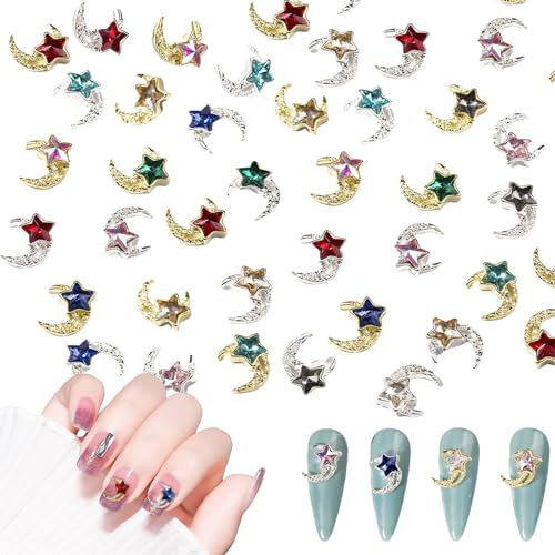 Moon Star Nail Charms,36PCS Metal Nail Art Charms with Shiny Rhinestone Pentagram,Gold Silver Alloy Nail Gems Nail Accessories for Manicure Design DIY Crafts (Gold Silver Moon)