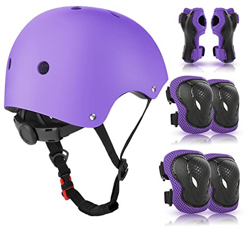 WayEee Kids Helmet and Pads Set Age 3-10 Years, Adjustable Kids Bike Helmets, Boys & Girls Kids Skateboard Helmet, Knee, Elbow &Wrist Pads Set, for Cycling, Roller Skating, Skateboard(Purple)
