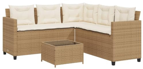 vidaXL Gartensofa in L-Form, Ecksofa mit Tisch Kissen, Lounge Set für Garten Terrasse, Sofa Garnitur Gartenmöbel, Beige Poly Rattan