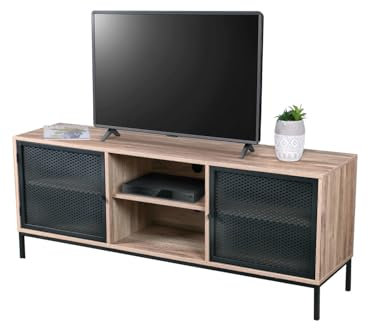 Meuble TV en Bois avec Grillage en métal Noir – 2 niches, Dimensions 150x40xH60 cm – Collection METALIX