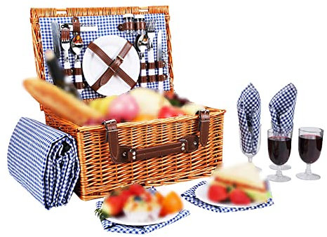 HAVVMK Picknickkorb aus Weide für 4 Personen mit Besteck, Tellern, Gläsern, Geschirr und Picknickdecke, Picknickkörbe aus Rattan im Vintage-Stil, Picknickkorb-Set aus Weide für Camping un