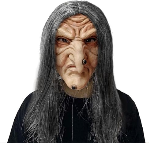 OPAHUTER Halloween Realistische Gruselmaske, Horror Latex Maske, Hexenmaske mit Haaren, Lächelnde Teufelmaske, Alte Weisen für Erwachsene Kostüm