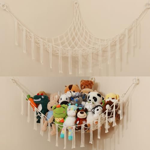 iKeelo Kuscheltier Aufbewahrung Netz, Makramee Stofftier Hängematte, Kinderzimmer Hängend Spielzeug Organizer für Plüschtiere und Teddybären
