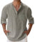 Leinenhemd Herren Langarm Sommer Hemden, Freizeithemd Stehkragenhemd Slim Fit Leichtes Sommerhemd mit Tasche Leinen Shirt Henley Shirt mit Knopfleiste Musselin Hemd Herren für Urlaub Strand
