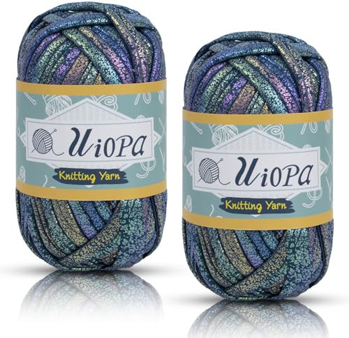 Uiopa Metallic T-Shirt Garn, 2 x 100g(2 x 33m) Bändchengarn Polyester Häkelgarn, Dickes Garn Crochet Yarn für Häkeltaschen, Körbe, Teppiche, Heimdekoration, DIY-Projekt (Denim-Blau)