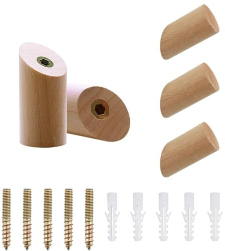 sonlpe 5 Pièces Patère en Bois de Hêtre, 3 x 6 cm Cylindre Crochet de Patere Murale Bois, Patere Bois à 45° pour Chapeaux, Sacs à Dos, Écharpes, Vêtements - Charge Maximale 15kg