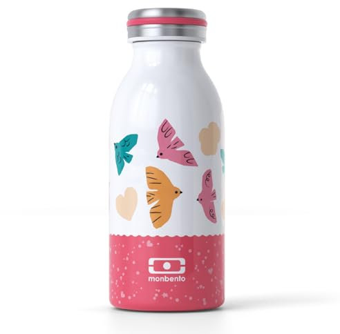 MONBENTO - Kinderflasche Edelstahl MB Cooly rosa Birds - Kinder Isolierflasche für Unterwegs, Schule, Picknick – 350 ml Wasserflasche Kinder BPA Frei für Heiße/Kalte Getränke - Vogel