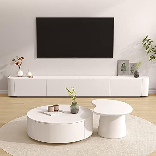 Ensemble de 2 Tables Basses Rondes, Laque Blanche avec tiroirs, Table d'appoint, Meuble TV Moderne, Table d'appoint, Assemblage Facile pour Petit Appartement, A