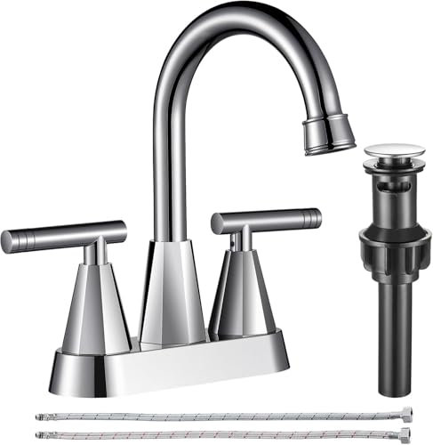 Cobbe 3 Hole Bathroom Sink Taps, 4 inch Chrome Bathroom Sink Faucet with Pop-up Drain and Supply Hoses, Stainless Steel Lead-Free Centerset Touch On Faucets for Bathroom Sink Vanity RV