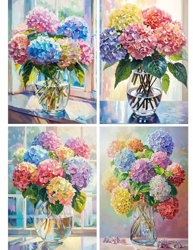 SHEGZHUC 4 Pack Diamond Painting Blumen Hortensien Bunt 30x40cm Diamond Painting Blumenstrauß in Vase am Fenster Pflanzen Mosaik Diamant Malerei Kunst Stickerei Kreuzstich Bilder Geschenk Wand Dekor