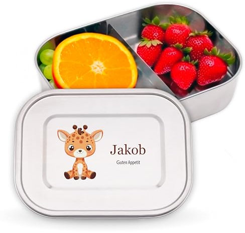 LAUBLUST Personalisierte Brotdose für Kinder mit Fächern aus Edelstahl | Giraffe - ca. 800ml & ca. 1400ml Jausenbox | Lunchbox für Mädchen & Jungen - Bento Box für Schule