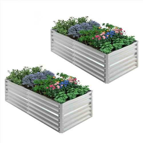 UDPATIO Aiuola rialzata in metallo, 180 x 60 x 90 cm, set da 2 pezzi, in alluminio zincato, per giardino e balcone, 970 l, per la coltivazione di verdure, fiori e frutta, argento