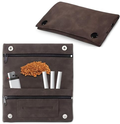 Borsa per tabacco in pelle marrone,Portatile con fibbia magnetica tabacco girevole,Borsa pieghevole per tabacco girevole,Con scomparti per filtri,Asciugamani di carta e accendini