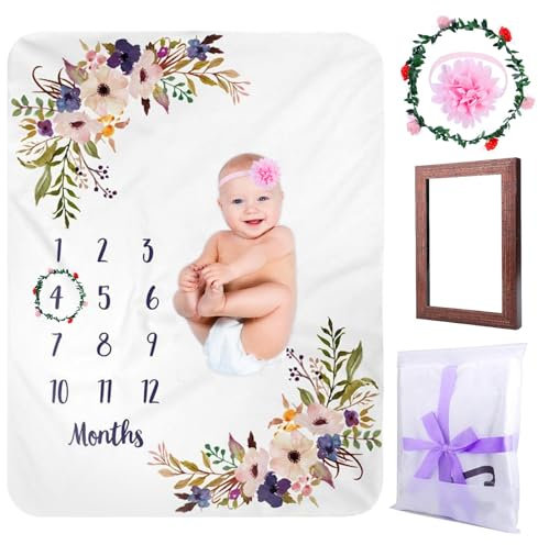 Babydecke Mit Blumenmuster, Meilensteindecke Baby Monats Decke, Monatsdecke Baby Junge & Mädchen, Babydecke Mit Monat Als Geschenk Zur Geburt 130x100cm