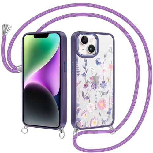 Yirlbey Funda con Cuerda para iPhone 15 6,1'', Aesthetic Flore Diseño Dibujos Transparente Carcasa con Correa Colgante Collar Cordon Cuello Ultrafina Silicona TPU + PC Antichoque Cover, Púrpura