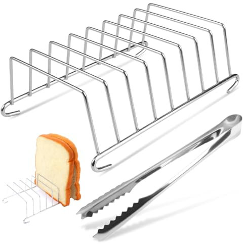 Soporte para Pan Tostado de 8 Ranuras con Pinzas para Pan, 15,5 X 8,5 cm Soporte para Tostadas de Acero Inoxidable para Enfriar y Conservar el Pan, Ideal para Cocinas, Restaurantes y Fiestas, Plata