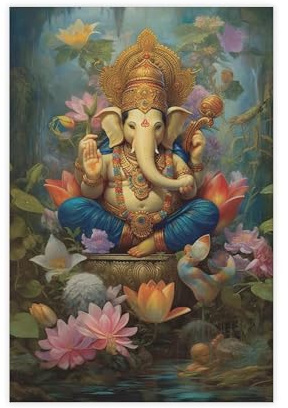 Ganesha Ölgemälde in Lotusblumen, hinduistische Leinwand, Poster, Schlafzimmer, Dekoration, Landschaftsdekoration, Geschenk, 30 x 45 cm