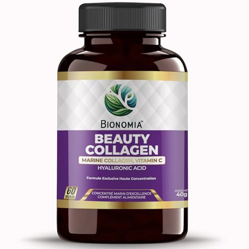 Collagène Marin 900 mg + Acide Hyaluronique 100 mg + Vitamine C, 60 Gélules | Cure de 1 Mois, Sans Excipient ni Stéarate de Magnésium, Flacon Verre Ambré, Analyses sur le Lot — Bionomia