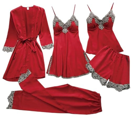 2025 Pyjamas en satin avec dentelle soyeuse pour femmes - Ensemble de 5 pièces de pyjamas et de shorts Hotpants Lingerie, rouge, M