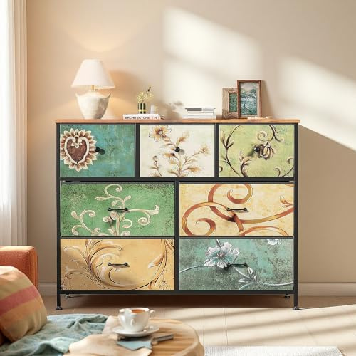 SUNFECILI Kommode mit Schubladen aus Stoff, Schlafzimmerkommode Vintage-Aufbewahrungsmöbel, Sideboard, Retro-Blumenmuster, Schubladenschrank für Küche Büro Flur Wohnzimmer (7 Schublade)