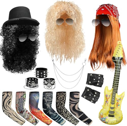 HFZCV 20-teiliges Rockstar Kostüm Set für Erwachsene, Perücken, Sonnenbrillen, Armbändern, Kette, Handschuhen, Tattoo-Ärmeln und aufblasbarer Gitarre für Halloween, Motto Party & Festival