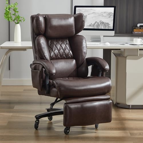 A ALFRESCOOL Bürostühle, Bürostuhl mit Fußstütze Massagefunktion, Office Chair PU-Leder, 360° drehbar, verstellbare Rückenlehne, bis 150 kg, für Büro sowie Home Office (Braun)