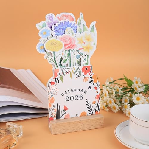 Fmorgen Kleiner Tischkalender mit Blumenmuster, Monatsplaner 2026 mit Holzsockel für Zuhause, Büro oder Schule, Flower