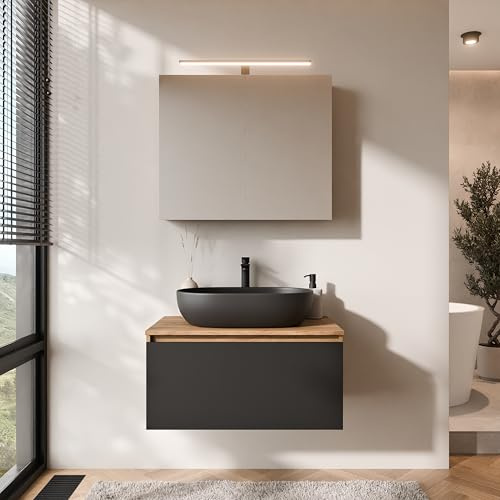 Planetmöbel Arisa Badmöbel Set Waschtisch mit Unterschrank | 80 cm, gold eiche schwarz mit ARIA Spiegelschrank, Waschbecken 60 cm gold eiche schwarz, Raumsparsiphon