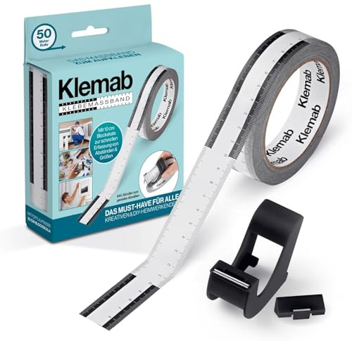 Klemab Klebemaßband 50 m x 2,5 cm | Selbstklebend & rückstandslos entfernbar | 10-cm-Blockskala, beschreibbare Oberfläche | Inkl. Abroller mit Klingenschutz