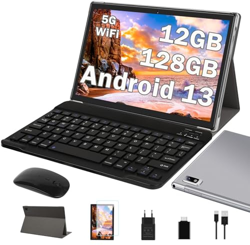 ZIOVO Tablet 10 Zoll Android Tablets mit Octa-Cores 2.0GHz, 12GB RAM+128GB ROM/2TB TF, 8000mAh, 2.4G+5G WiFi, 1280 * 800 FHD IPS, 5+8MP, GMS Certified, Tastatur & Maus- Grau