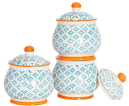 Nicola Spring Patterned Sugar Bowls with Lids - Blue - Pack of 3 - Porcelain Hand Printed Sugar Pot China Kitchen Salt Jar Seasoning Spice Storage Container