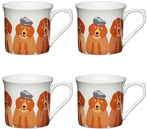KitchenCraft Fine Bona China 'Dogs' Fluted Printed Animal Mugs, 300 ml - Multi-Colour (Set of 4)