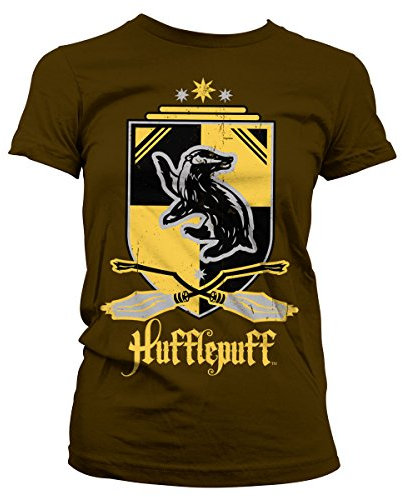 Harry Potter Offizielles Lizenzprodukt Hufflepuff Damen T-Shirt (Braun), Medium