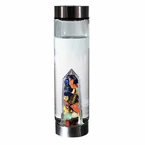 bewater Wiederverwendbare Edelstein-Glas-Wasserflasche mit einer Kammer aus funkelndem rotem Jaspis, Sodalith, Tigerauge, grünen und gelben Aventurin-Edelsteinen, bleifreies Glas, 500 ml breiter