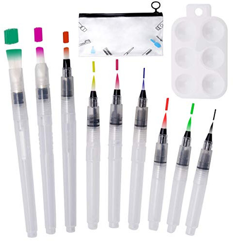9 Pezzi Set di Pennelli Acquerello Serbatoio per Pittura Penna ad Acqua Acquerello Penne Matite Colorate Acqua Brush con Borsa Impermeabile e Tavolozza