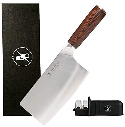 BlauerBlitz® Mainzer Klassik Chinesches kochmesser Hackmesser, 18cm Klinge Hackbeil Messer inkl. Messerschärfer, aus Deutschem Edelstahl, hochwertiges Pakkaholz,rostfrei, extra scharfes Küchenmesser