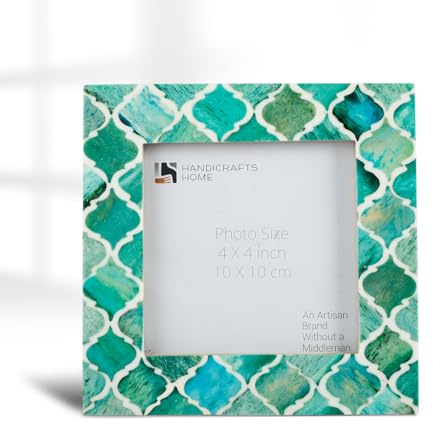 Handicrafts Home Handmade Decorative 4x4 Small Picture Frame, Unique Boho Chic Home Decor, Moroccan Art Inspired Green Photo Frame for Wall & Tabletop, Square 4x4 Frames for Living Room Decor & Gift