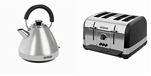 Morphy Richards 100130 Venture Pyramid Kettle Brushed Stainless Steel & 240131 Venture 4 Slice Toaster Black