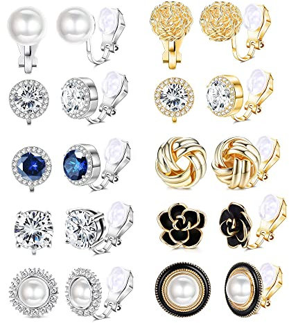 JeryWe 10 Pairs Clip Earrings Stud for Women Clip On Earring for Non Pierced CZ Flower Simulated Freshwater Pearl Twist Knot Clip Earrings Sets