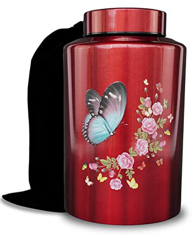 Grande urne funéraire pour cendres adultes mâles et femelles, jusqu'à 100 kg, urne décorative pour restes humains avec sac en velours (papillon)