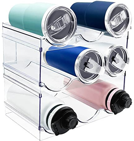 Water Bottle Storage Organiser for Cupboard, Stackable Home Kitchen Storage & Organisation Rack, Plastic Bottle Holder for Fridge Pantry Organizer and Storage, Travel Mug Thermos Flask Cup Organiser