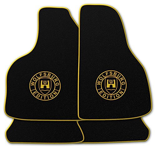 AUTOTEPPICH-Stylers Velours Schwarze Fußmatten passend für VW Golf 1 Cabriolet mit Logo Wolfsburg Edition WOB und Rand in Gold