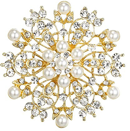 EVER FAITH Damen Kristall Cream kuenstliche Perle Winter Schneeflocke Blume Brosche Klar Gold-Ton