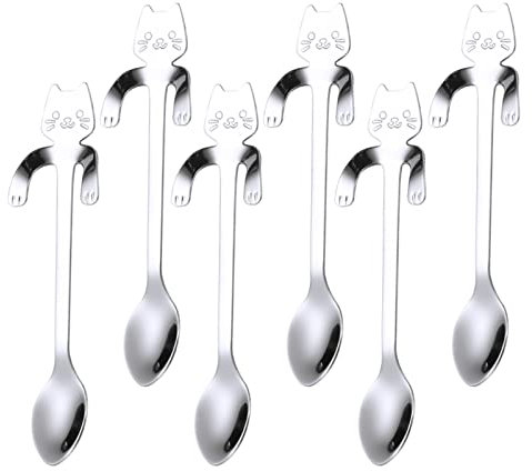 WUDQIJI Teelöffel Dessertlöffel 6 Stück 12cm Katzen Kaffeelöffel Latte Macchiato Löffel Edelstahl Kaffeelöffel Espressolöffel Kleiner Löffel Set für Haushalte Restaurants Kantinen(Silber)